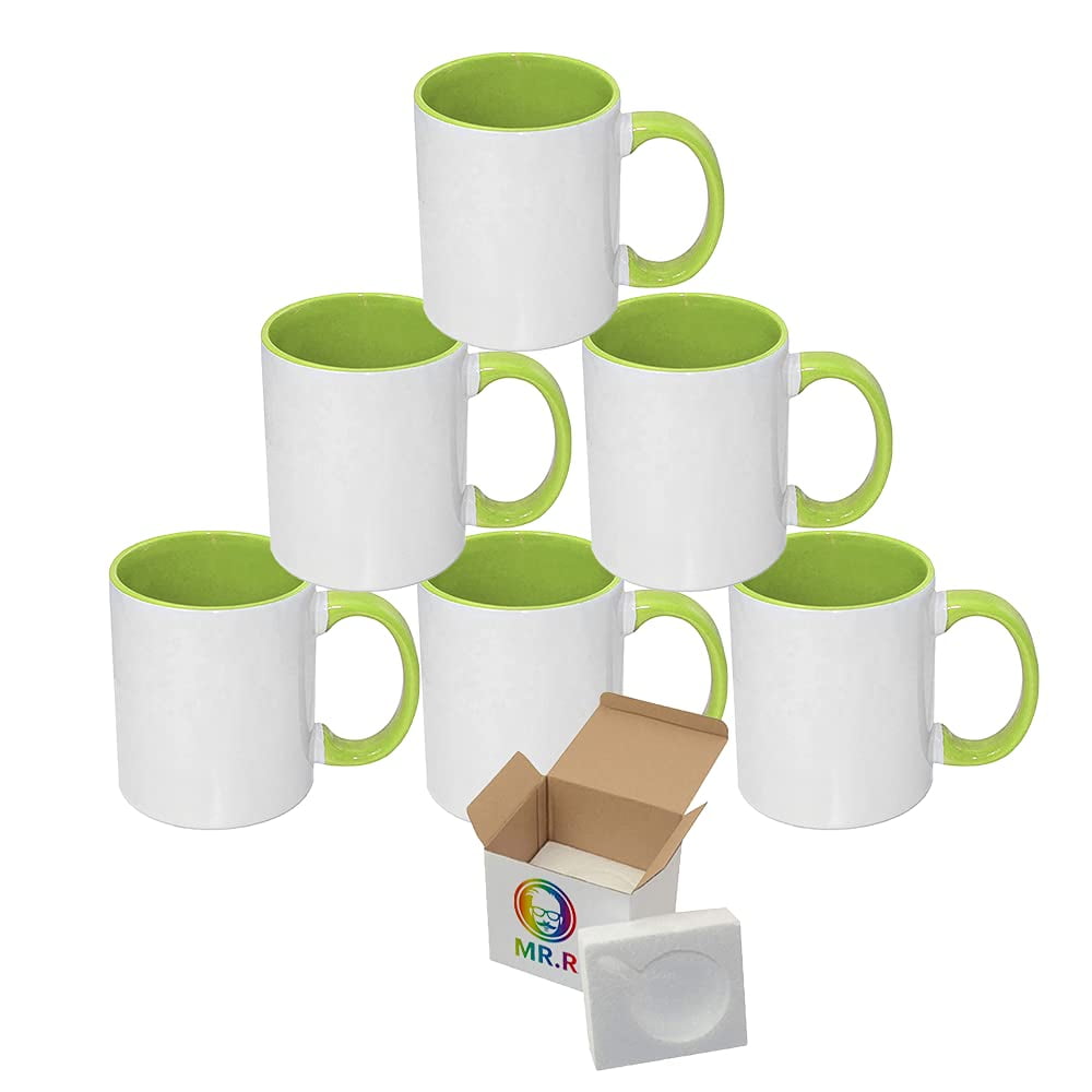 MR.R 11oz Set of 6 Sublimation Blanks Dishwasher Ceramic Coffee Mugs with Green Color Mug Inner and Handle Drinking Cup Mug For Milk Tea Cola Water