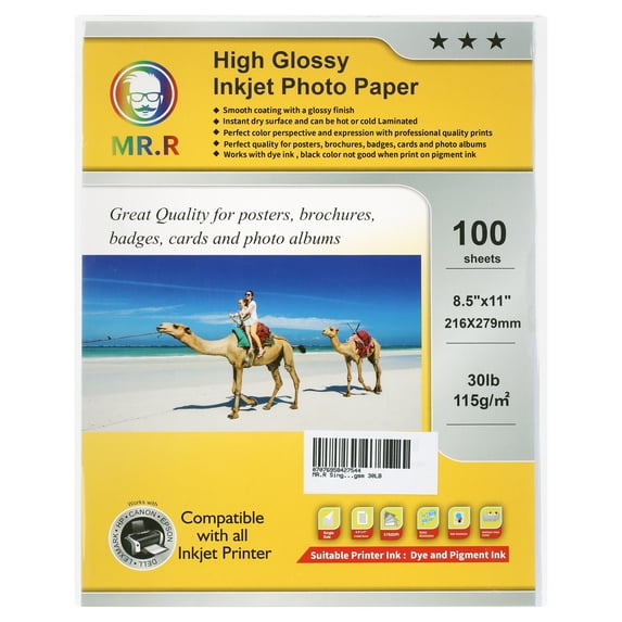 MR.R Single Side High Glossy Inkjet Photo Paper Letter Size 8.5"x11" with 100 sheets per pack 115gsm 30LB