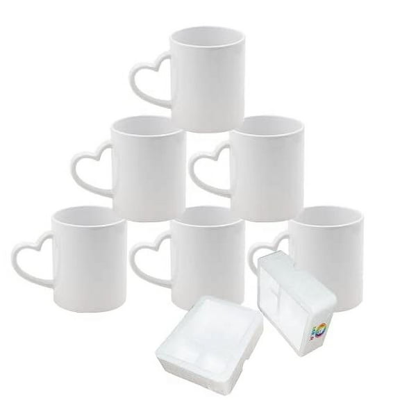 MR.R Sublimation Blanks Set of 6 White Ceramic Coffee Mugs 11oz Blank Ceramic Classic Drinking Cup Mug with Heart Handle For Milk Tea Cola Water
