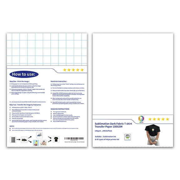 MR.R Sublimation Ink Dark Color T-shirt heat transfer Press Vinyl Paper 180gsm A4x10 Sheets for all dark fabric material compatible with all inks