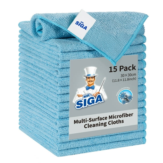 MR.SIGA Microfiber Cleaning Cloth, All-Purpose Microfiber Towels, Streak Free Cleaning Rags, Pack of 15, Sky Blue, Size 30 x 30 cm(11.8 x 11.8 inch)