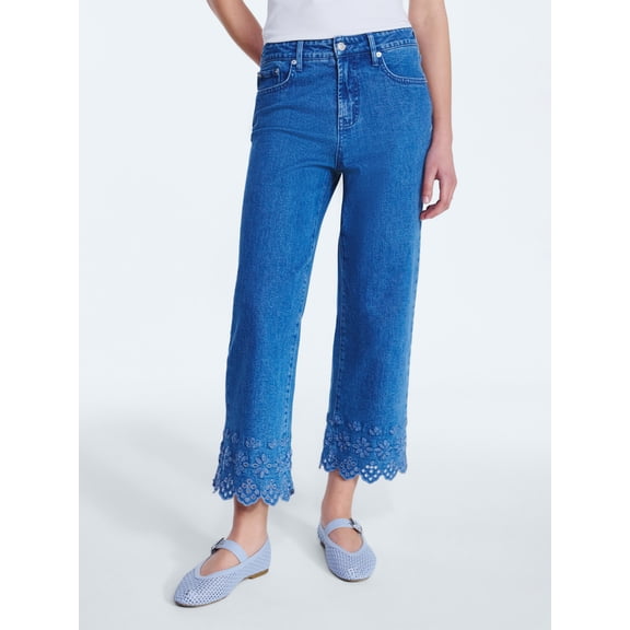 Free Assembly Women's and Women's Plus Embroidered Eyelet Cropped Jeans, 28" Inseam, Sizes 0-26 Plus