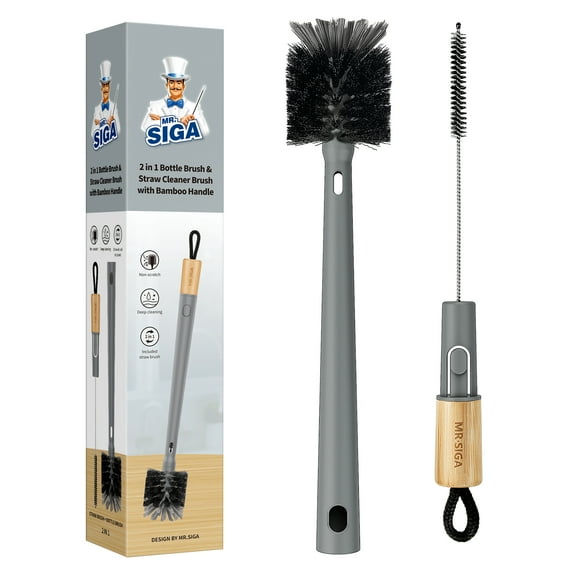 MR.SIGA Water Bottle Brush and Straw Cleaner Brush, Long Handle Bottle Cleaner Brush, 2 in 1 Bottle Cleaning Brush for Sports Bottles, Baby Bottles, Mugs, Straws, Gray