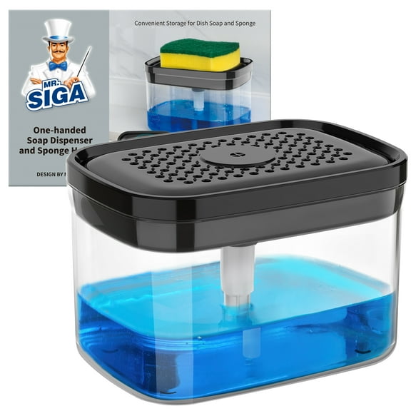 MR.Siga 2 in 1 Premium Dish Soap Dispenser and Sponge Holder for Kitchen, Dishwashing Soap Pump Dispenser for Kitchen Countertop, Black