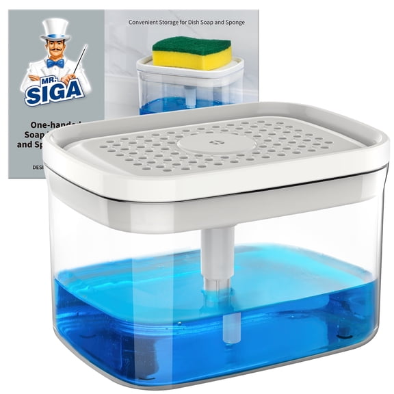 MR.SIGA 2 in 1 Premium Dishwashing Soap Pump Dispenser and Sponge Holder for Kitchen Countertop , White