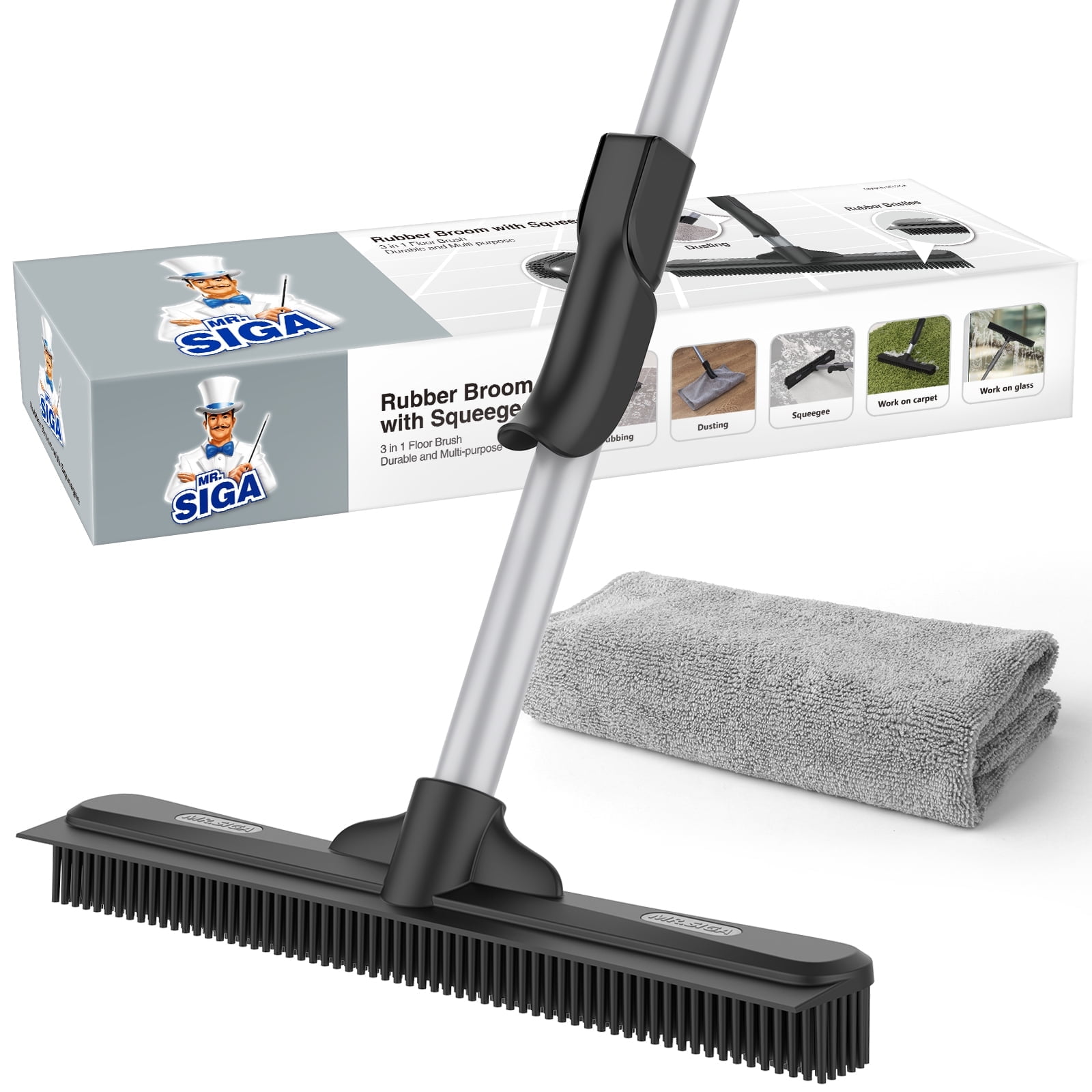 Adjustable Rubber Broom with Squeegee and Microfiber Cloth