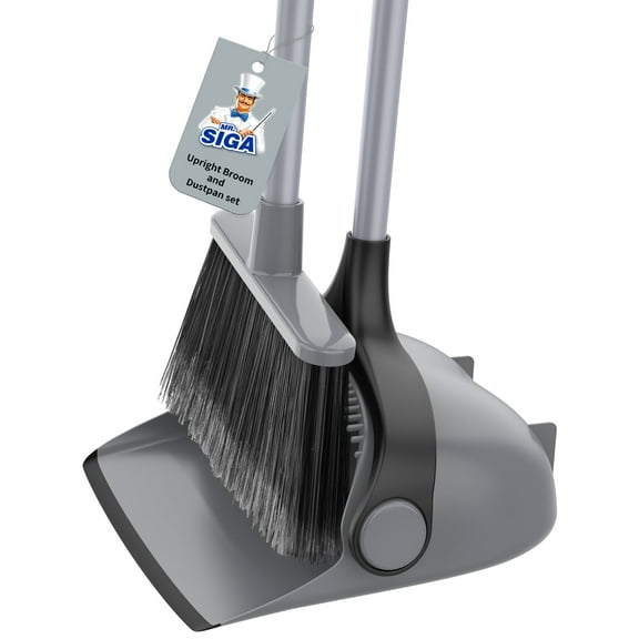 MR.Siga Broom and Dustpan Set with Adjustable Long Handle, Cleaning Lobby, Gray