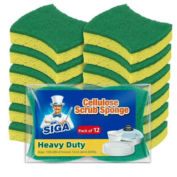 MR.Siga Cellulose Scrub Sponge Strong Absorbent, Dual-Sided Dishwashing Sponge for Kitchen, 12 Pack