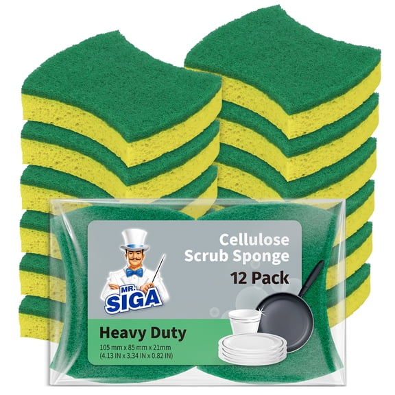 MR.Siga Cellulose Scrub Sponge Strong Absorbent, Dual-Sided Dishwashing Sponge for Kitchen, 12 Pack