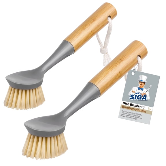 MR.SIGA Dish Brush with Bamboo Handle Built-in Scraper, Scrub Brush for Pans, Pots, Kitchen Sink Cleaning, 2 Pack