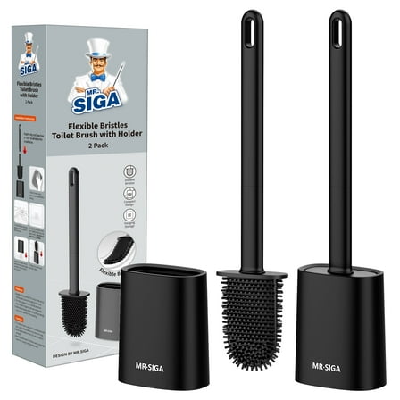 MR.SIGA Toilet Brush and Holder Set, Wall Mounted Toilet Bowl Brush, Compact Toilet Scrub Brush with Holder for Bathroom, Black, 2 Pack