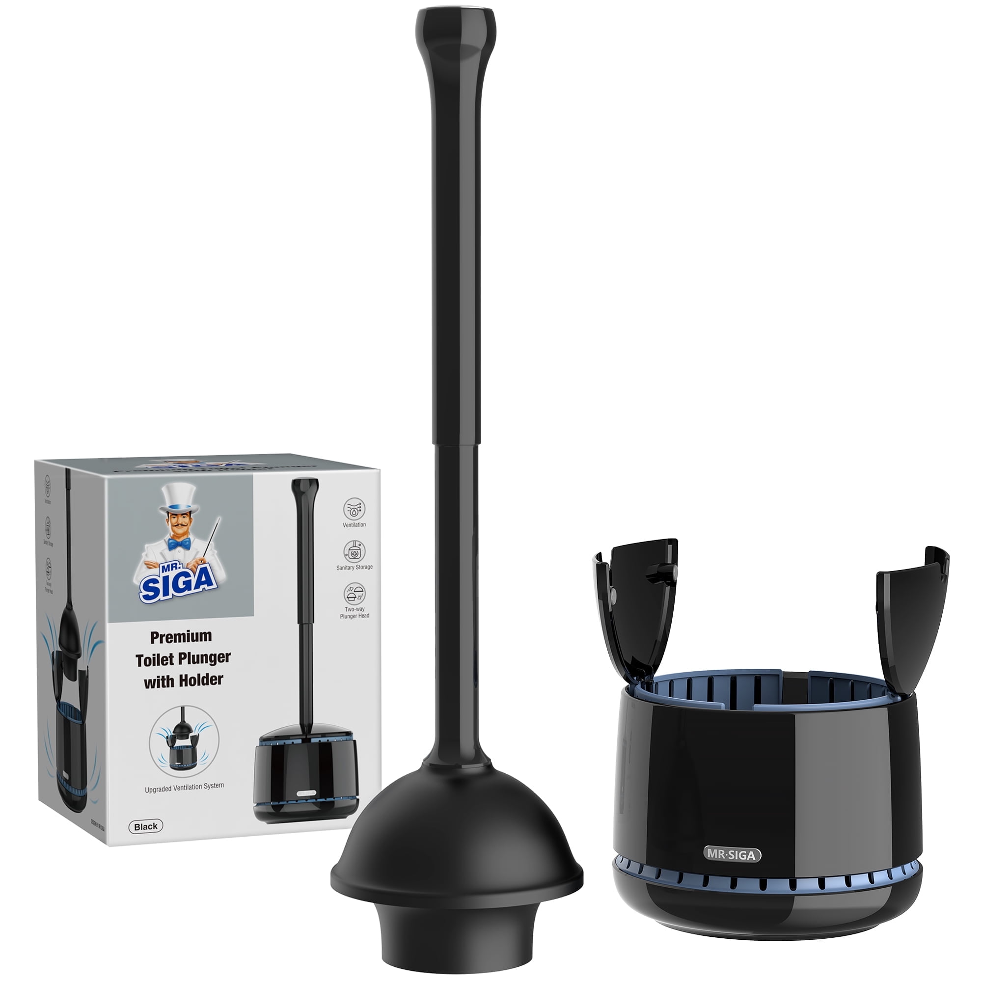MR.SIGA Heavy Duty Toilet Plunger with Holder Combo for Bathroom Cleaning, Black