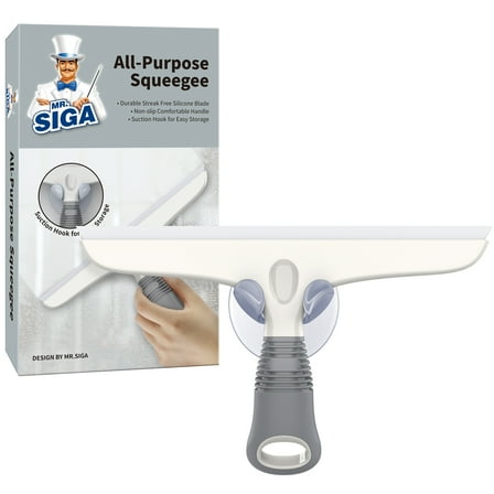 MR.Siga Multi-Purpose Heavy Duty Silicon Squeegee for Window, Glass, Includes Suction Hook, 10 inch, White & Grey, 1 Pack