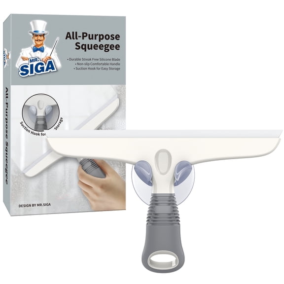 MR.SIGA Multi-Purpose Heavy Duty Silicon Squeegee for Window, Glass, Includes Suction Hook, 10 inch, White & Grey, 1 Pack