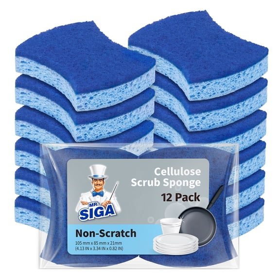 MR.SIGA Non-Scratch Cellulose Scrub Sponge, Dual-Sided Dishwashing Sponge for Kitchen, Blue,12 Pack