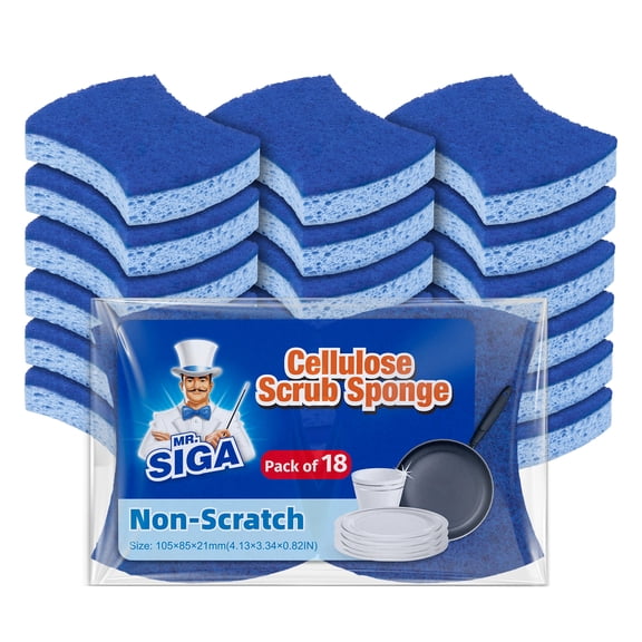 MR.Siga Non-Scratch Cellulose Scrub Sponge, Dual-Sided Dishwashing Sponge for Kitchen, 18 Pack
