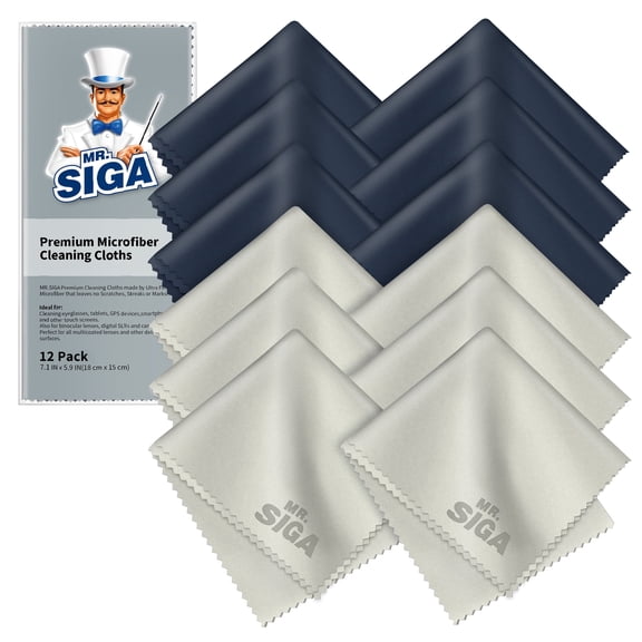 MR.SIGA Premium Microfiber Cleaning Cloths for Lens, Eyeglasses, 12 Pack, 6 x 7 inches,Navy/Gray