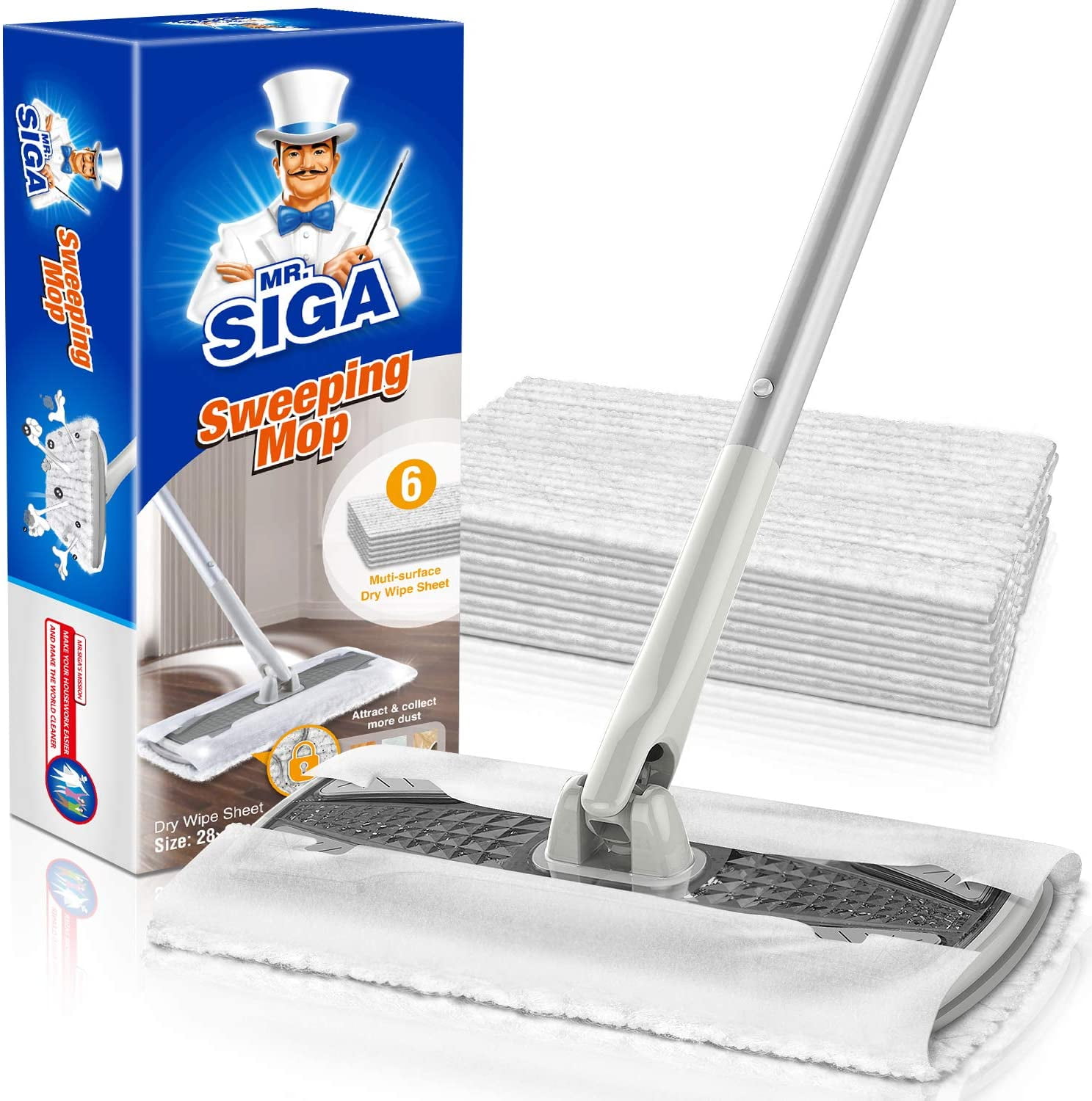 MR.Siga Professional Household Floor Dry Sweeping Mop,6 Microfiber Dry  Sweeping Cloths Included