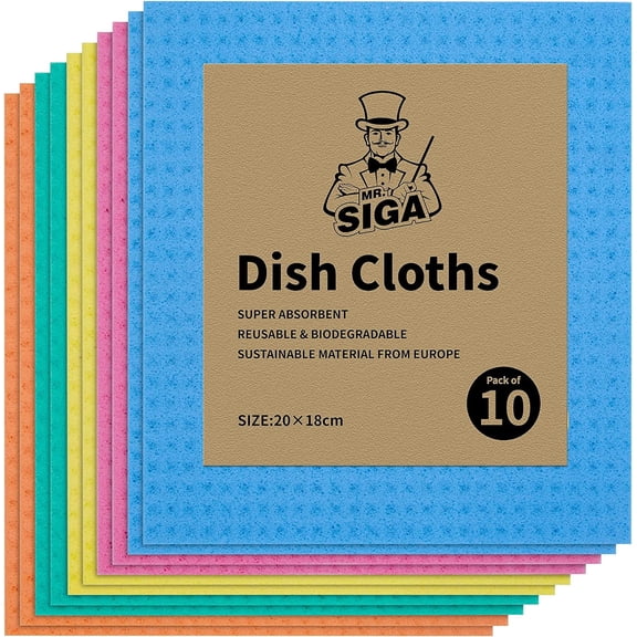 MR.SIGA Reusable Dish Cloths, Cellulose Sponge Cloth for Kitchen, Absorbent Cleaning Cloth,10 pack