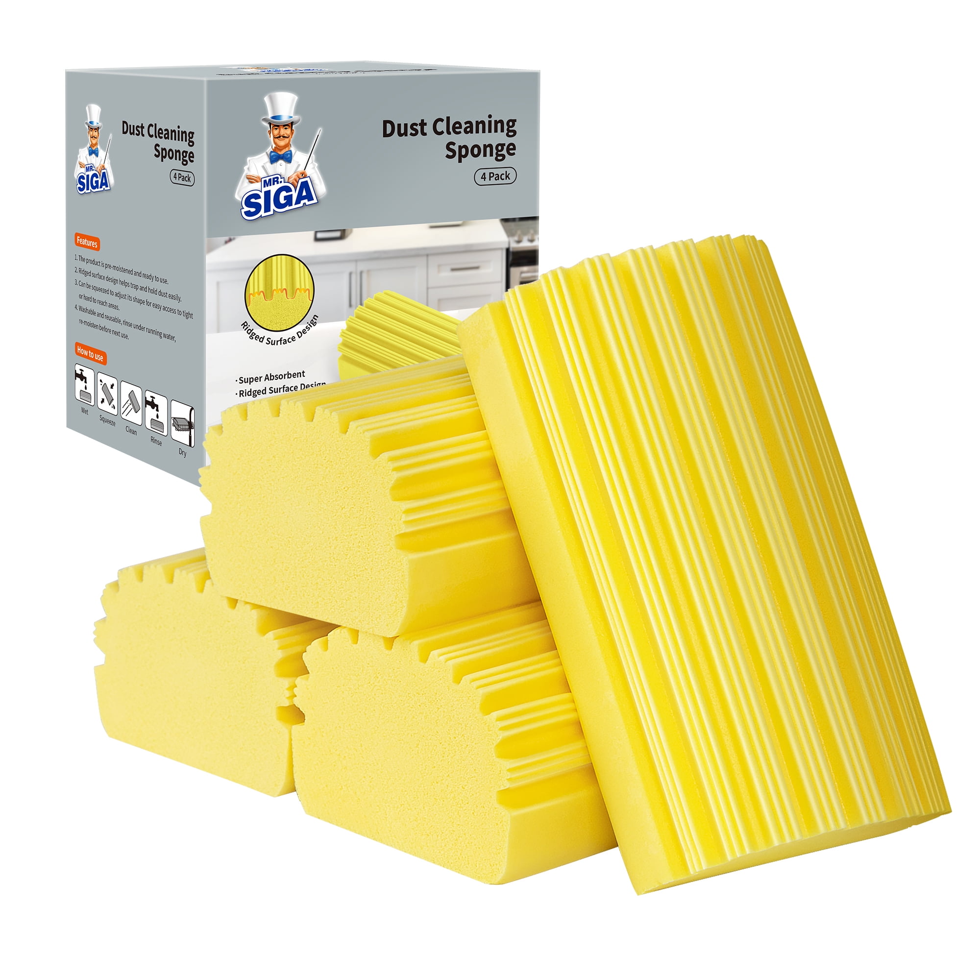 MR.Siga Reusable Sponge Duster,Household Damp Sponge for Dust Cleaning, 4  Pack, Yellow 