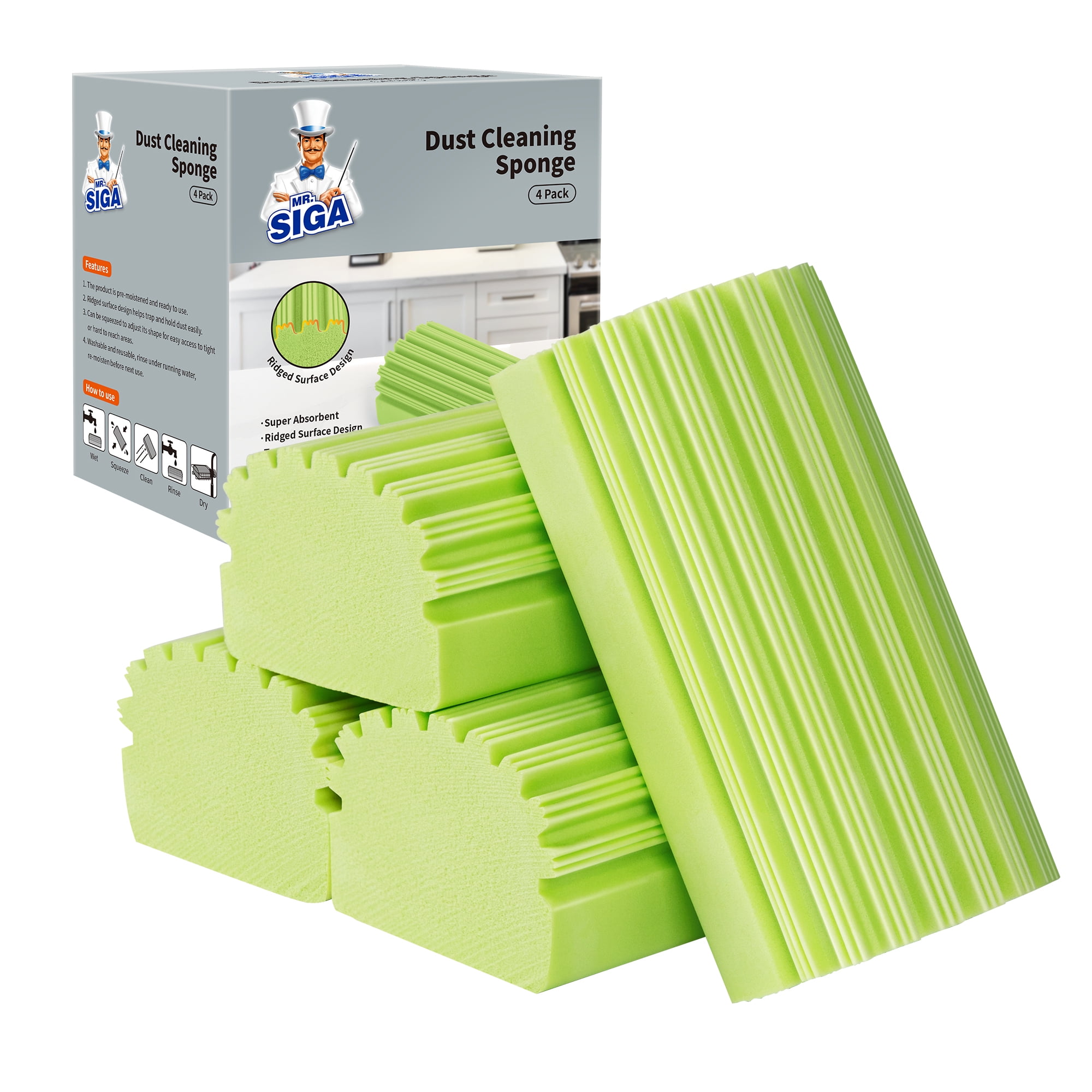 MR.Siga Reusable Sponge Duster with Ridged Surface Design, Household Damp  Sponge for Dust Cleaning, 4 Pack, Green