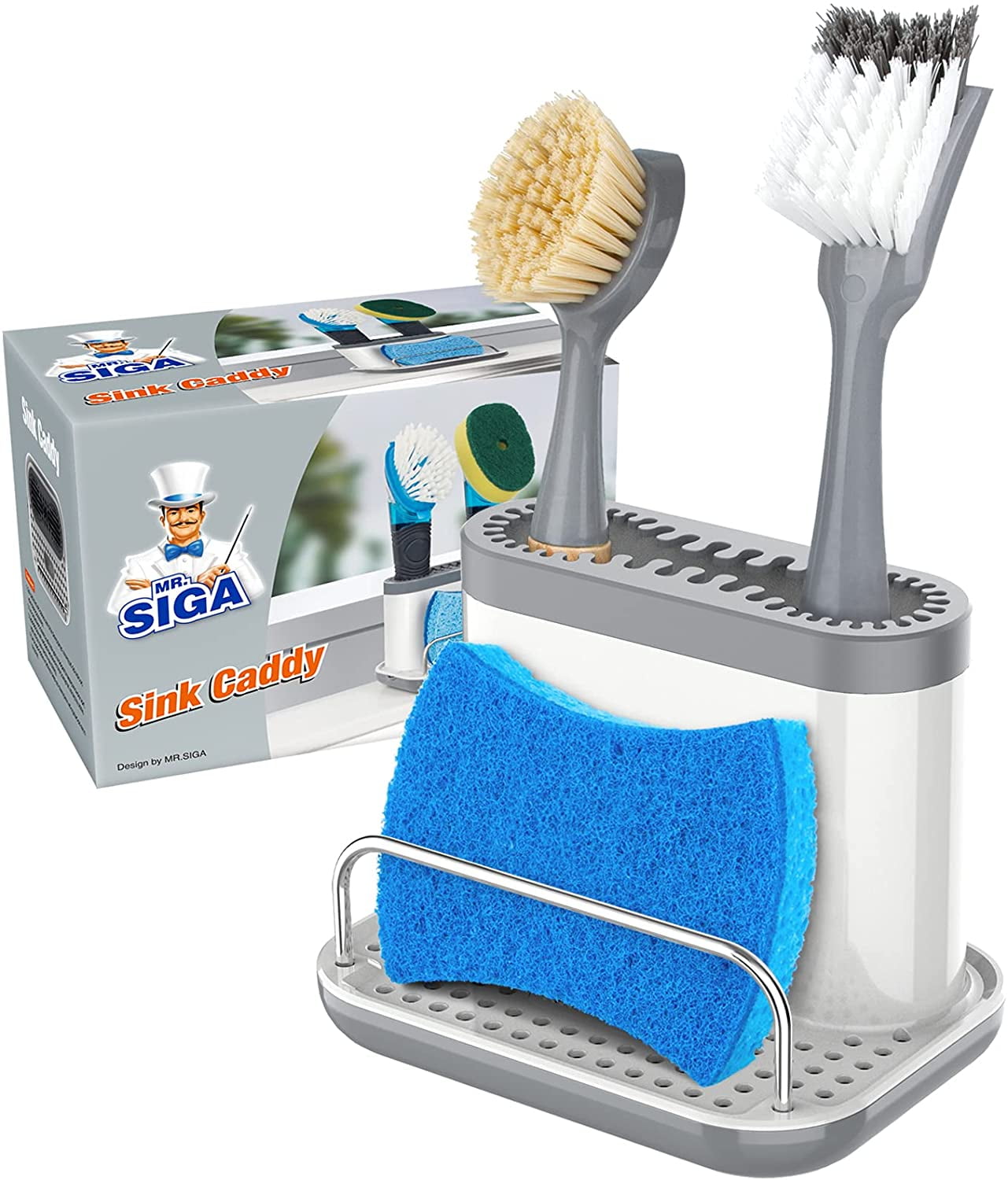 MR.Siga Sink Caddy, Kitchen Sponge Brush Holder, Sink Organizer with Drip  Tray, White & Gray 
