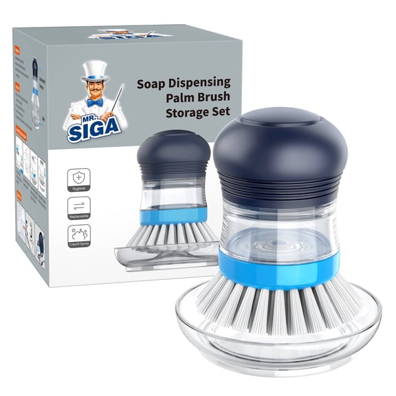MR.SIGA Soap Dispensing Palm Brush Storage Set, Kitchen Brush with Holder for Pot Pan Sink Cleaning, 1 Set