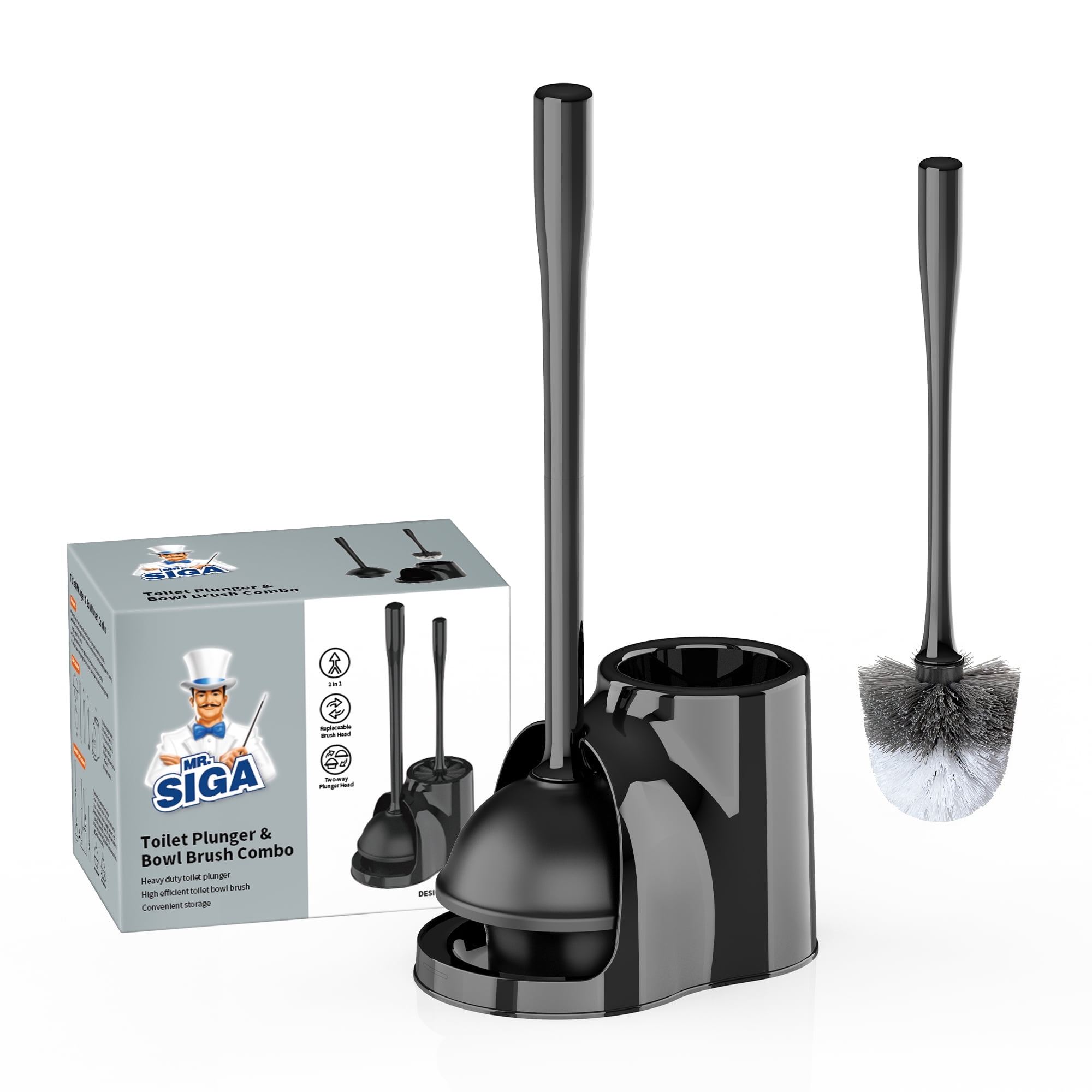 MR.SIGA Toilet Plunger and Bowl Brush Combo, Black, 1 Set,for Adult