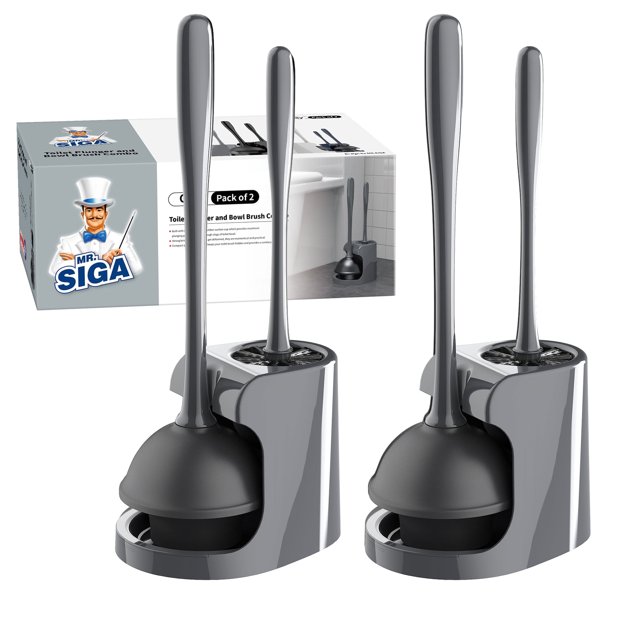 MR.SIGA Toilet Plunger and Bowl Brush Combo for Bathroom Cleaning, Gray, 2 Sets,for adult
