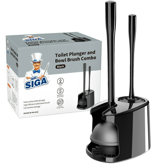MR.Siga Toilet Plunger and Bowl Brush Set with Holder,  Bathroom Cleaning , Black, 1 Set,for Adults