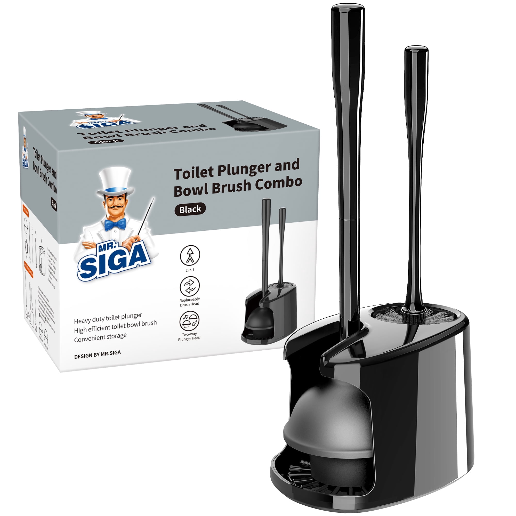MR.SIGA Toilet Plunger and Bowl Brush Set with Holder,  Bathroom Cleaning , Black, 1 Set,for Adults
