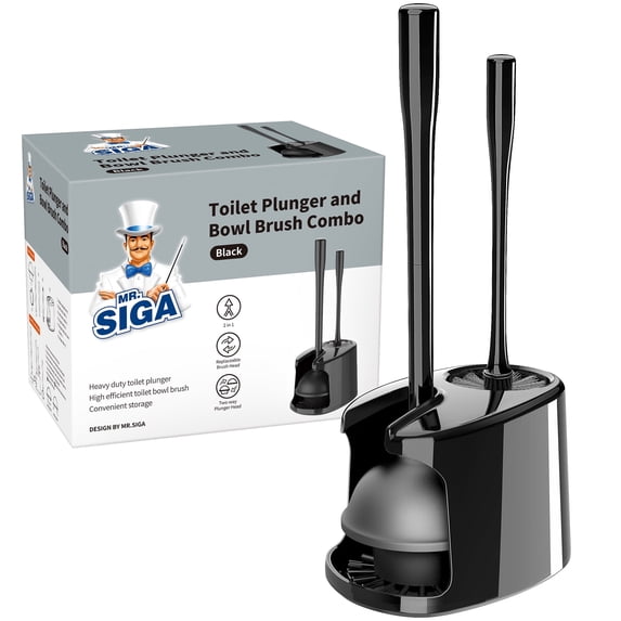 MR.SIGA Toilet Plunger and Bowl Brush Set with Holder, Bathroom Cleaning , Black, 1 Set,for Adults