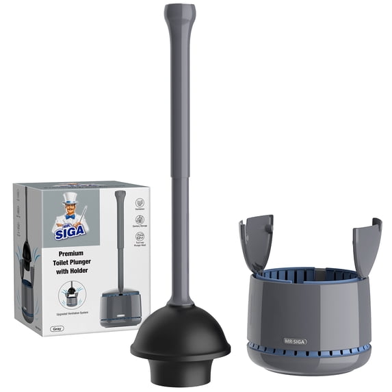 MR.SIGA Toilet Plunger with Holder, Heavy Duty Plunger with Sturdy Handle for Toilet Cleaning, Gray