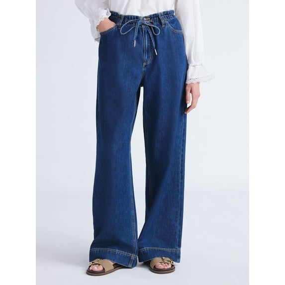 Free Assembly Women's Loose Fitting Wide Leg Jeans with Adjustable Tie Waist, 32" Inseam, Sizes 0-26