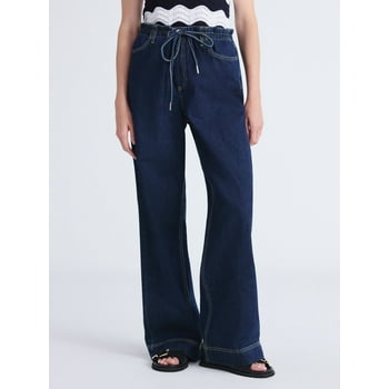 Free Assembly Women's and Women's Plus Relaxed Wide Leg Jeans with Tie Waist, 32" Inseam, Sizes 0-26