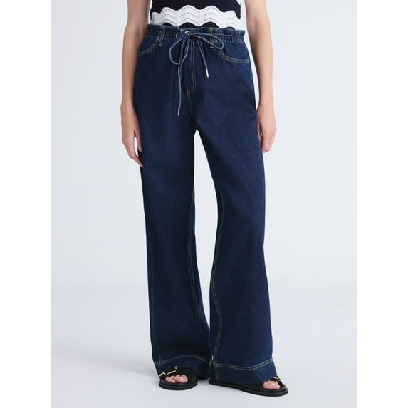 Free Assembly Women's Loose Fitting Wide Leg Jeans with Adjustable Tie Waist, 32" Inseam, Sizes 0-26