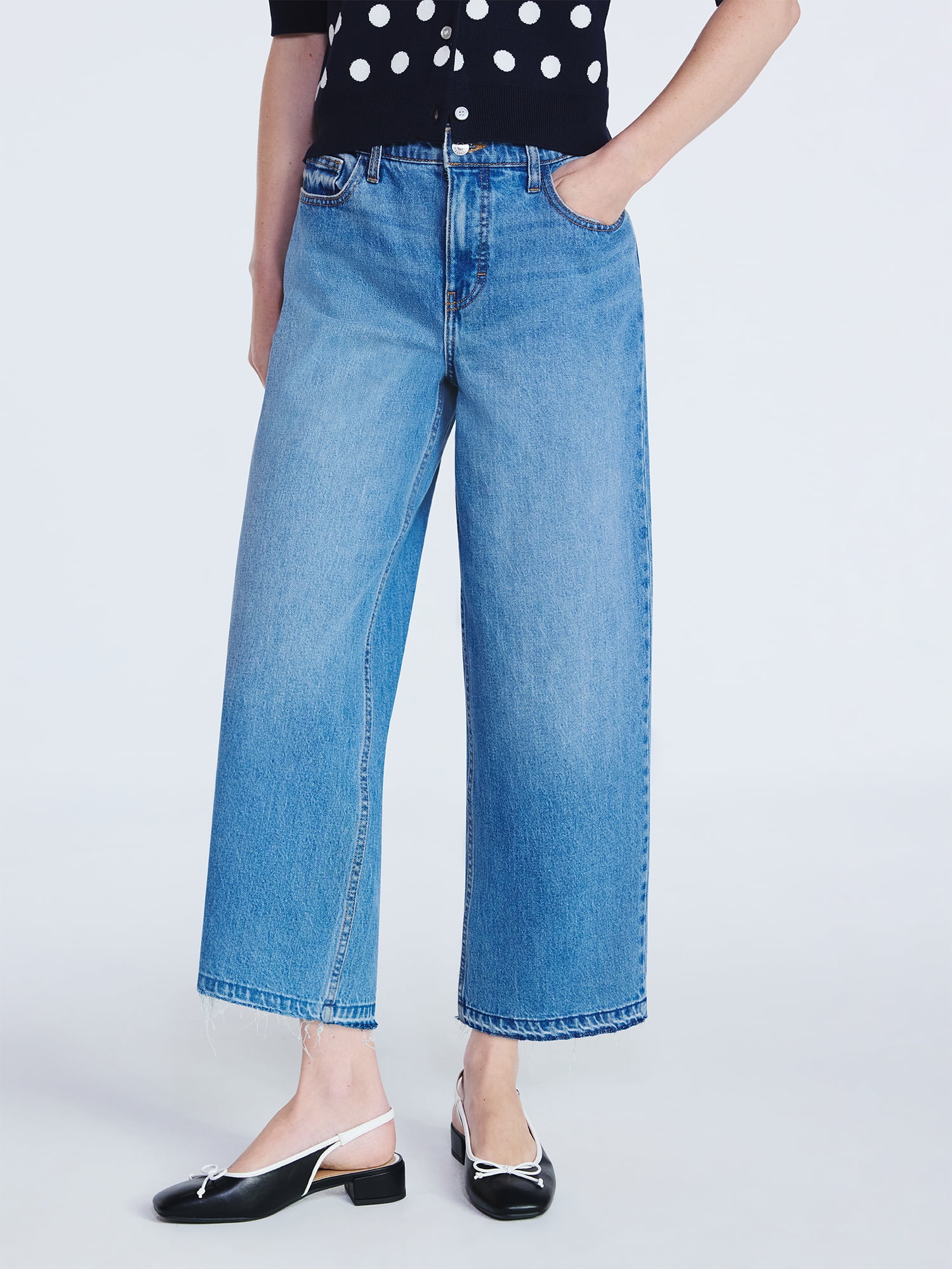 Free Assembly Women's Midrise Wide Leg Release Hem Jeans, 24" Inseam, Sizes 0-20