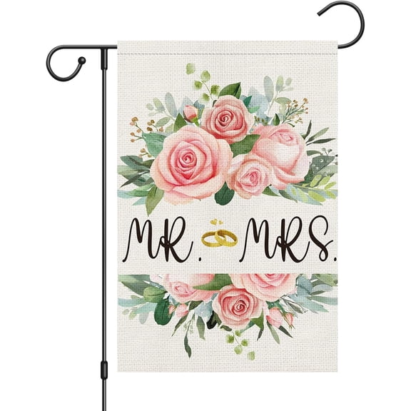 MR. and MRS. Floral Wedding Garden Flag 12.5x18 Double Sided for Outside, Marriage Anniversary Party Lawn Outdoor Romantic Welcome Decorations