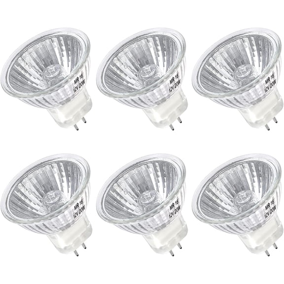 MR16 Halogen Bulb 20W Dimmable 12V GU5.3 Bi Pin Base Spotlight with Long Lifespan, 2700K Warm White MR16 Bulbs with Clear Glass Cover for Landscape, Track Lights, Fiber Optics, Desk Lamps, 6 Pack