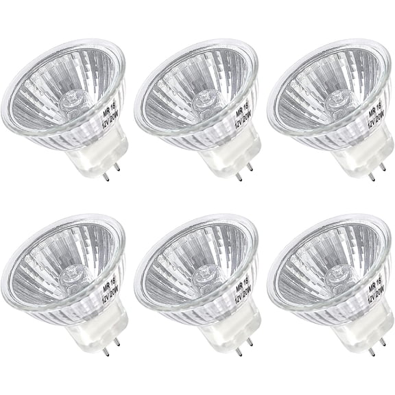 MR16 Halogen Bulb 20W Dimmable 12V GU5.3 Bi Pin Base Spotlight with Long Lifespan, 2700K Warm White MR16 Bulbs with Clear Glass Cover for Landscape, Track Lights, Fiber Optics, Desk Lamps, 6 Pack
