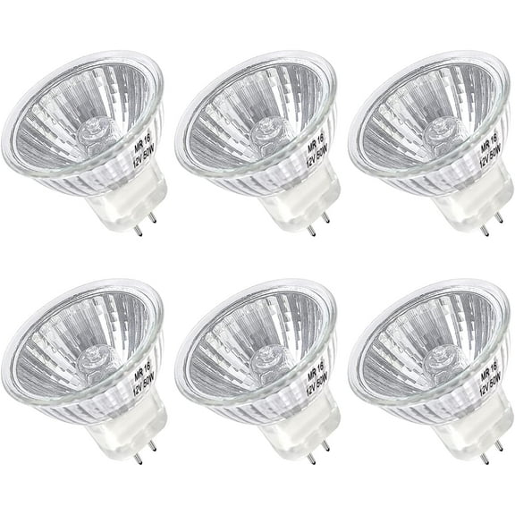 MR16 Halogen Bulb 50W Dimmable 12V GU5.3 Bi Pin Base Spotlight with Long Lifespan, 2700K Warm White MR16 Bulbs with Clear Glass Cover for Landscape, Track Lights, Fiber Optics, Desk Lamps, 6 Pack