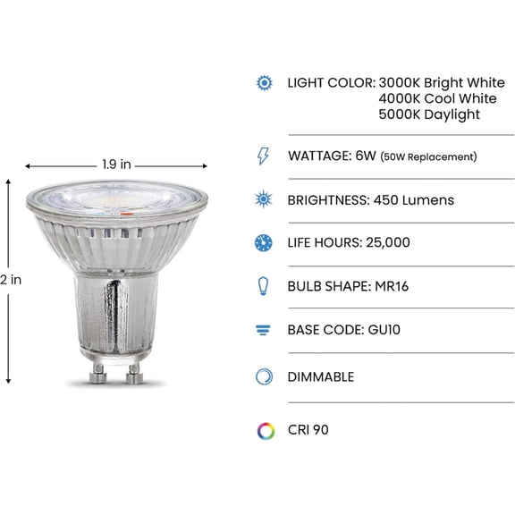 MR16 LED Reflector Light Bulb, 50W Equivalent, Dimmable, GU10 Base, 90+ CRI, 450 Lumen, Adjustable Color Temperature Track Lighting, 25,000-Hour Lifespan, BPMR16GU10503CCTCA/3, 3-Pack
