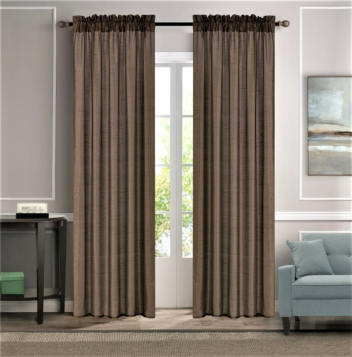 MR2 brown 2-piece set Rod Pocket Faux Silk Window Curtain Treatment, Set of 2 Solid Semi Sheer Panels 55" W x 84" L each
