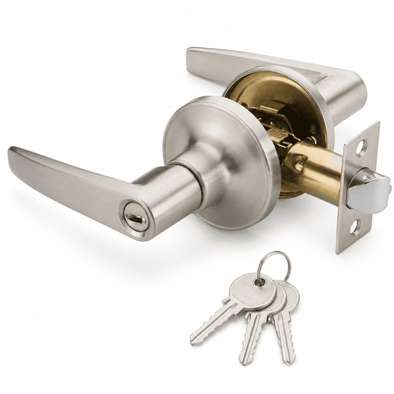 MR802ET Entrance Door Lever Handle Lock Set with 3 Keys, Brushed Nickel Lever Door Handle Hardware, Reversible Left Right Hand, Adjustable Backset, Fits 1.3"-2.1" Doors, 1 Pack