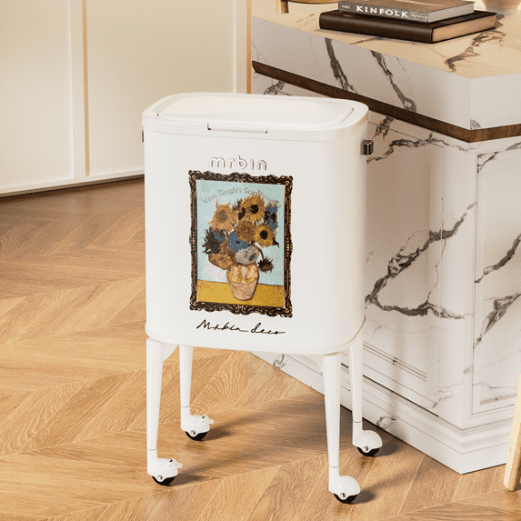 MRBIN 23L Art Decor Trash Can with Wheels, Press-to-Open Lid, Tall Standing Garbage Bin with Lockable Casters, Metal Waste Basket for Kitchen, Living Room, Bedroom, Cream White