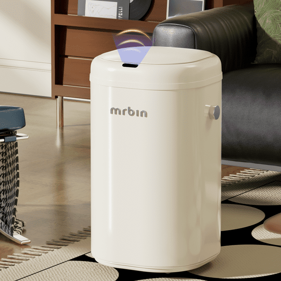 MRBIN Adsorption Metal Kitchen Motion Sensor Trash Can Removable, 18L / 4.8gal Automatic Absorbing Bag Lidded Garbage Bin with Wheels, Commercial Waste Basket for Office and Bedroom, Bathroom, White