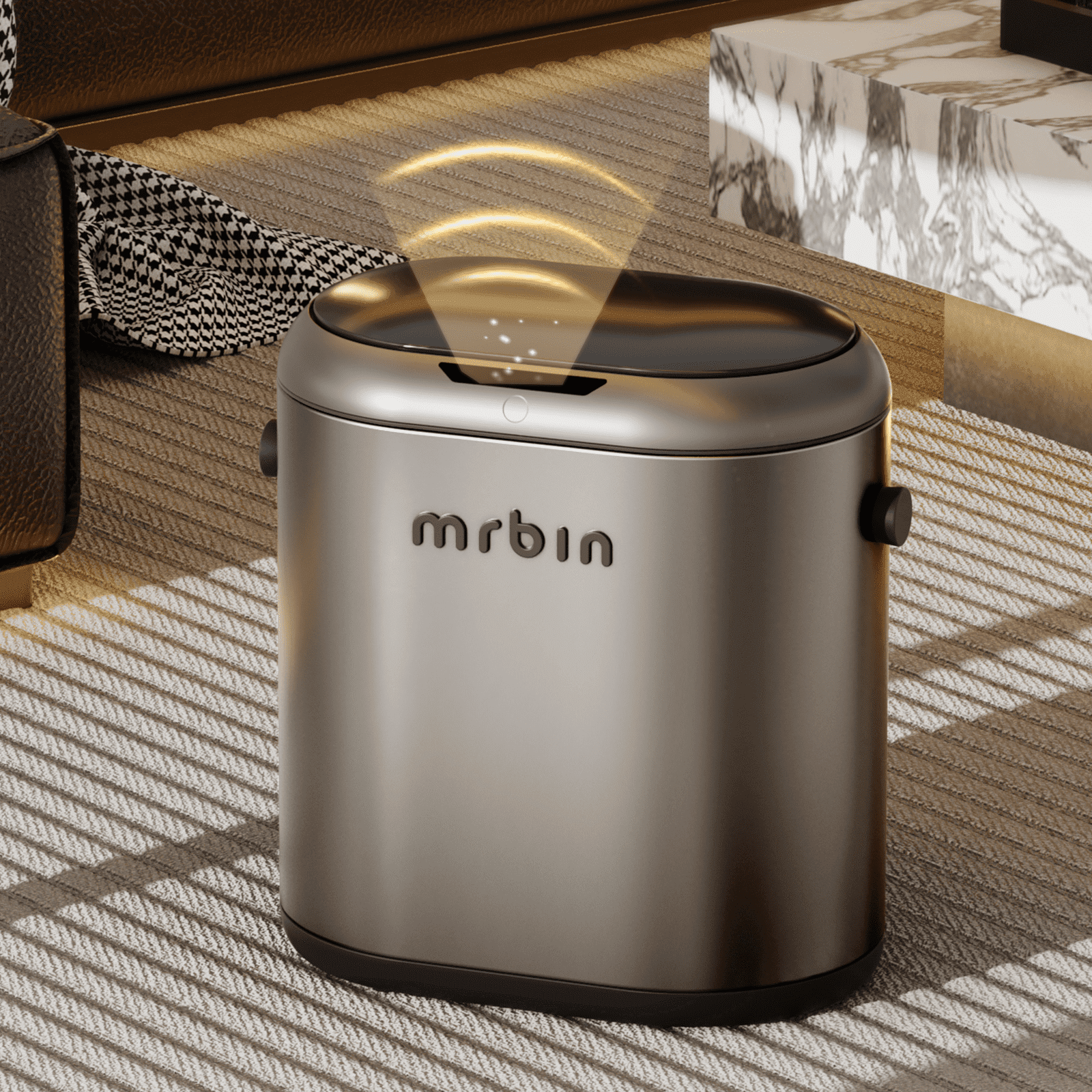 MRBIN Automatic Adsorption Metal Trash Can for Bathroom, Touchless Garbage Bin with Lid, 3.2 Gallon Slim Trash Can for Office and Bedroom, Electric Motion Sensor Waste Basket, Eclipse Grey