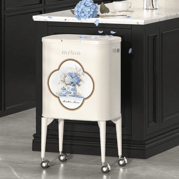 Mrbin 36L/9.5gal Kitchen Trash Can with Legs & Wheels, Slim Pet Proof Garbage Can, Vintage Press Lid Trash Bin, Blue and White Porcelain
