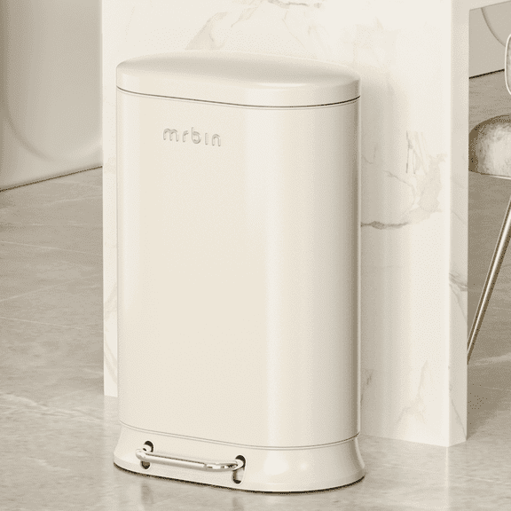 MRBIN Metal Kitchen Trash Can with Lid, 30L / 7.9gal Commercial Step Waste Basket for Bathroom, Medium Office Garbage Pail with Stainless Steel Foot Pedal for Near Desk, Bedroom, Rv, White