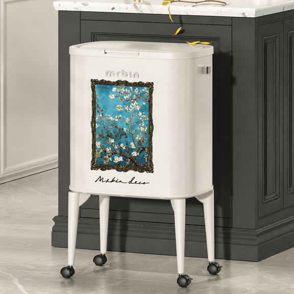 Mrbin Metal Kitchen Trash Can with Legs, 36L / 9.5gal Medium Press Lid Slim Removable Waste Basket, Pet Proof Tall Narrow Garbage Pail for Vanity, Bedroom, Bathroom, Living Room, Almond Blossom Patte